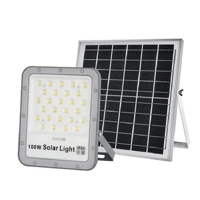 PROYECTOR LED SOLAR 100W IP66 C/PANEL SOLAR C/CONTROL REMOTO (GRIS) - Imagen 1